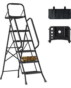 5 Step Ladder, Foldable with Tool Bag, Tray, Handrails, 150 kg Load Black metal frame, wide anti-slip pedals, soft-grip handles, compact storage, for kitchens, pantries, garages and DIY tasks