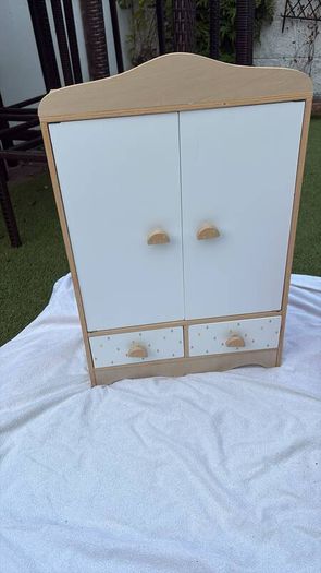 Wooden Dolls Wardrobe and Cot with Bedding and Storage