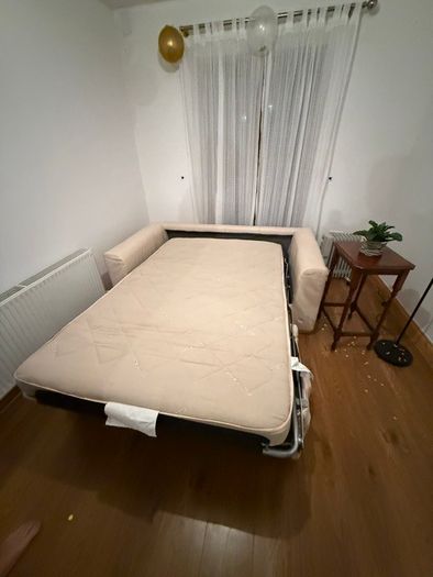 2 Seater White Leather Sofa Bed, Fold-Out Mattres and Armchair