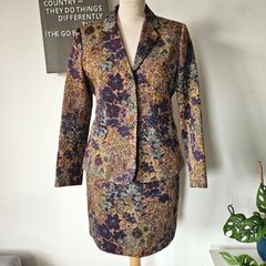 Vintage Y2K Jigsaw floral purple brocade tailored skirt suit UK 12-14 1990s power suit