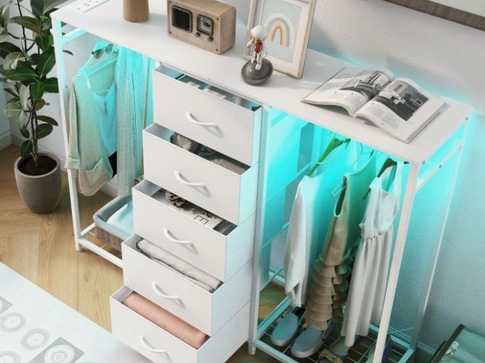 5 Drawer Dresser with Clothes Rack Chest of Drawers with Clothes Rail LED Lights Wardrobe Closet Drawers Charging Station Flexible Shelf Open Shelves for Bedroom Living Room