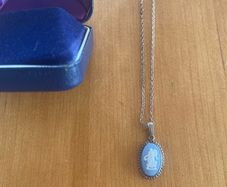 Wedgewood Vintage Blue Jasperware Winged Fairy pendant & chain