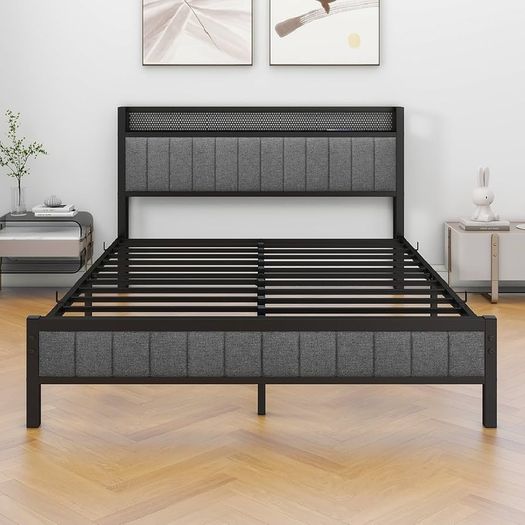 King Size Bed Frame with Storage and Headboard Shelf, Upholstered Bed Frame King Size with Metal Slats Enhanced Support, No Box Spring Needed, Gray Kingsize Bed Frames