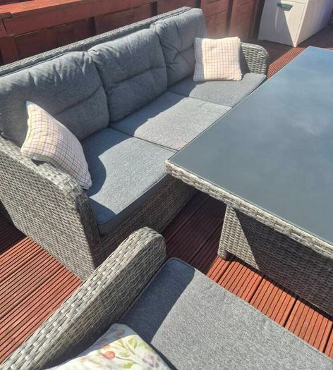 garden table, chairs and stools.