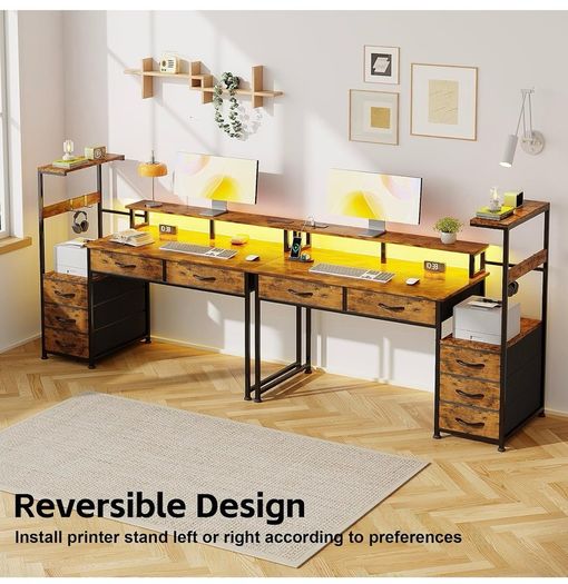 120cm Computer Desk with 5 Fabric Drawers, Reversible Home Office Desk with Printer Cabinet, Writing Desk with Monitor Stand & Power Outlets, Study Table with LED Light, Rustic Brown