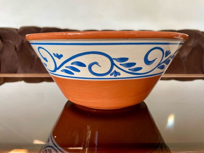 Hand Painted Large Terra Cotta Blue and White Bowl for Salad Pasta Fruits