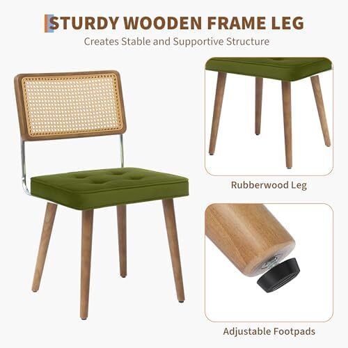 Dining Room Chairs, Set of 2, Upholstered Chairs with Faux Leather Seat, Breathable Rattan Backrest, Adjustable Feet and Sturdy Solid Wood Legs, Kitchen Chairs up to 150 kg, for Dining Room, Living