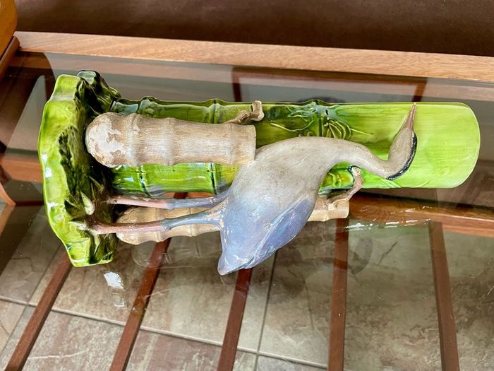 Antique Art Pottery Bretby Pottery 1890s Bamboo and Stork Large Spill Vase