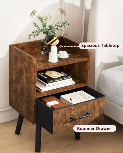 Bedside Table Set of 2, Nightstand, Side Table, Wooden Sofa End Table with Fabric Drawer, Open Shelf, Solid Wood Legs, 39x29x63 cm, for Bedroom, Living Room, Rustic Brown