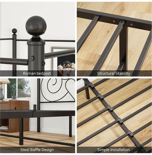 Double Canopy Bed Frame with Vintage Headboard & Footboard, Black 135x190cm Double Canopy Bed Frame, 4ft6 Heavy Duty Metal Bed, Heart Scroll Headboard & Footboard, Steel Slats for Bedrooms