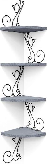 MULTIPLE COLOURS AVAILABLE Corner Shelf Wall Mount of 4 Tier Rustic Wood Floating Shelf Cat Shape Metal Stand for Bedroom Living Room Bathroom Kitchen Office and More Carbonized Black