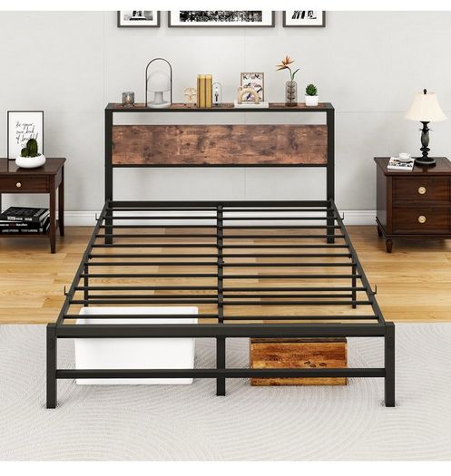 King Size bed frame With Wood Storage Headboard