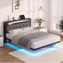 4ft6 Upholstered Floating Double Bed Frame Black, Storage Headboard Metal Bed Frame with LED Lights and Charging Station, Heavy Duty Metal Slat Support, Noise Free, No Box Spring Needed Image 10