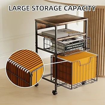 4-Tier Rolling File Cart | 2-Drawer Mobile Filing Cabinet & Printer Stand with Hanging Organizer - Dark Brown