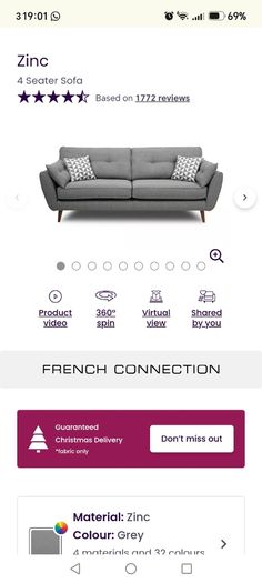 French Connection DFS Zinc Grey 4 seater couch and armchair set