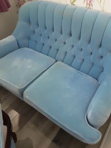 Blue velvet Dutch buttoned sofa immaculate condition
