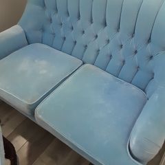 Blue velvet Dutch buttoned sofa immaculate condition