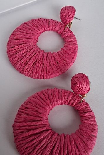 Hot Pink Raffia Woven Stud Hollow Out Woven Hoop Earrings