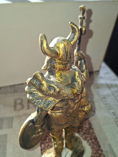 Large Vintage Toy Large Viking Warrior Statue, with a Horned Helmet, a round Shield, and a Spear