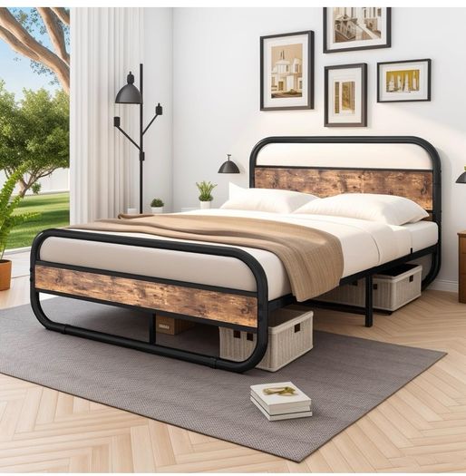 King Size Bed Metal Platform Bed Frame with Wood Headboard,