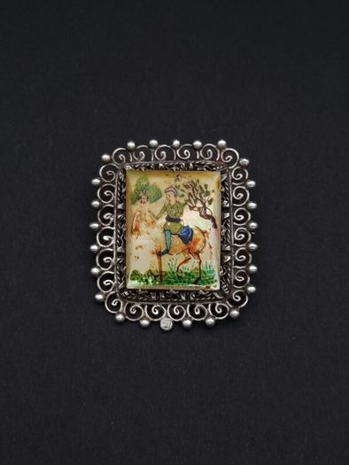 Antique Persian Hand Painted MOP Silver Brooch