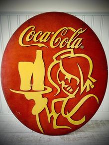 Rare 110cm Coca-Cola Tavern Double Sided Wood Swing Sign 3D Metal Relief 1970s