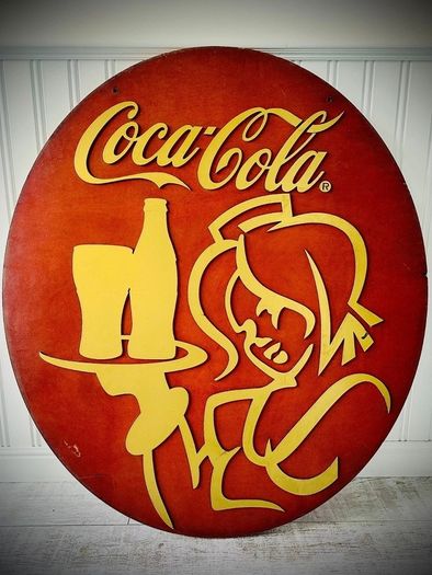 Rare 110cm Coca-Cola Tavern Double Sided Wood Swing Sign 3D Metal Relief 1970s