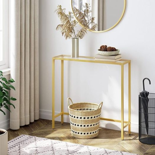 Console Table, Tempered Glass Sofa Table, Gold Slim Hallway Table, 75 x 22 x 80 cm, for Living Room, Entryway, Hallway, Metal Frame, Sturdy, Gold