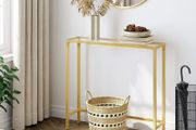 Console Table, Tempered Glass Sofa Table, Gold Slim Hallway Table, 75 x 22 x 80 cm, for Living Room, Entryway, Hallway, Metal Frame, Sturdy, Gold