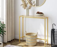 Console Table, Tempered Glass Sofa Table, Gold Slim Hallway Table, 75 x 22 x 80 cm, for Living Room, Entryway, Hallway, Metal Frame, Sturdy, Gold