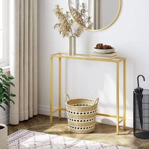 Console Table, Tempered Glass Sofa Table, Gold Slim Hallway Table, 75 x 22 x 80 cm, for Living Room, Entryway, Hallway, Metal Frame, Sturdy, Gold