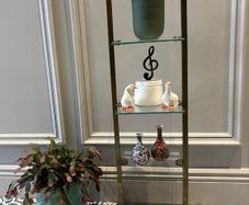 Vintage Mid-Century 4-Tier Brass & Glass Etagere Shelf Unit with Wooden Handle Accent