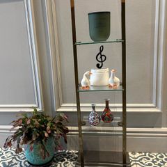 Vintage Mid-Century 4-Tier Brass & Glass Etagere Shelf Unit with Wooden Handle Accent