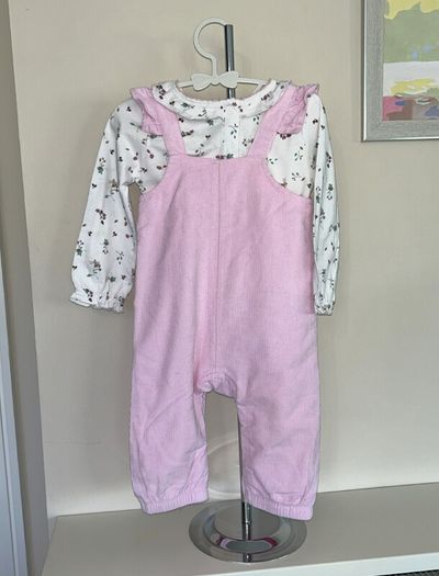 Baby Girls Pink & White Long-Sleeved Top & Dungarees , Age 9-12 months / EU 74cm.