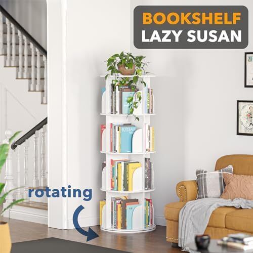 4-Tier Rotating Bookshelf Tower, Spinning Lazy Susan, 360 Revolving Bookshelf Storage, Round Carousel, Vertical Turntable Spiral Corner Organizer, White