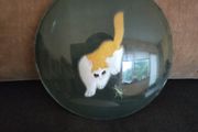 Vintage 70's art piece,of a double sided silk thread embroidered cat and a cricket design