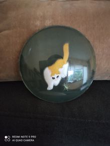 Vintage 70's art piece,of a double sided silk thread embroidered cat and a cricket design
