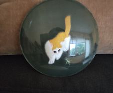 Vintage 70's art piece,of a double sided silk thread embroidered cat and a cricket design