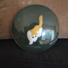 Vintage 70's art piece,of a double sided silk thread embroidered cat and a cricket design