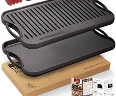 Pre Seasoned Cast Iron Reversible Griddle Grill Pan with Handles for Gas Stovetop Open Fire Oven, 43.18  24.89CM (17x9.8) - One Tray, Scrapers Included