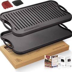 Pre Seasoned Cast Iron Reversible Griddle Grill Pan with Handles for Gas Stovetop Open Fire Oven, 43.18  24.89CM (17x9.8) - One Tray, Scrapers Included