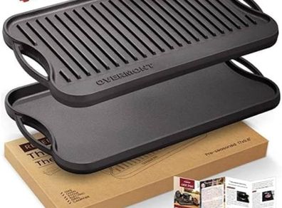 Pre Seasoned Cast Iron Reversible Griddle Grill Pan with Handles for Gas Stovetop Open Fire Oven, 43.18  24.89CM (17x9.8) - One Tray, Scrapers Included