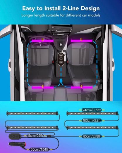 Car LED Strip Light, Interior Car Lights 2-Line Design Waterproof 4pcs APP Control Lighting Kit, Under Dash RGB Car Lighting with Car Charger (FREE POSTAGE)