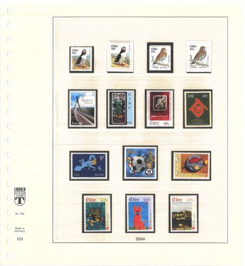 Collection: Ireland 2003-4 Ireland Stamp collection on Linder pages in Lindner album Mint Never Hinged (MNH). Adverts shows 14 images of contents