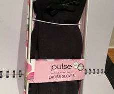 New in box black cotton gloves with leather bow detailing
