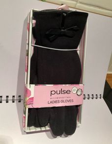 New in box black cotton gloves with leather bow detailing