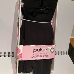 New in box black cotton gloves with leather bow detailing
