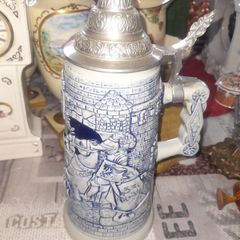 Tankard Stein Blue Cobalt Tone Salt Glaze Tavern Scene, Postage Available, Lots more Antiques and Collectables including Oil Lamps in my other ads,