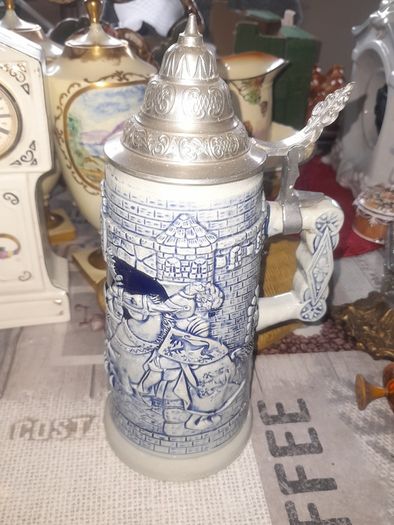 Tankard Stein Blue Cobalt Tone Salt Glaze Tavern Scene, Postage Available, Lots more Antiques and Collectables including Oil Lamps in my other ads,