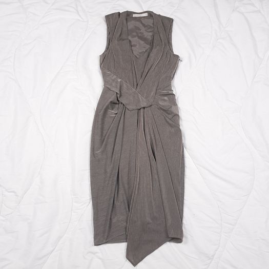 Karen Millen Taupe Grey Draped Asymmetric Wrap Sleeveless Midi Cocktail Dress 8UK/36EU